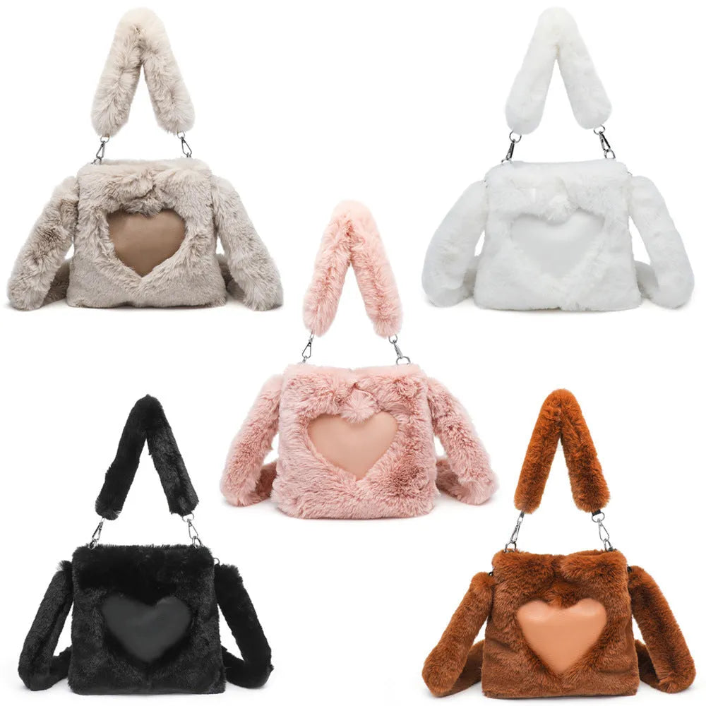 Women's fluffy plush shoulder bag in brown with detachable top handle and shoulder strap on a white background
