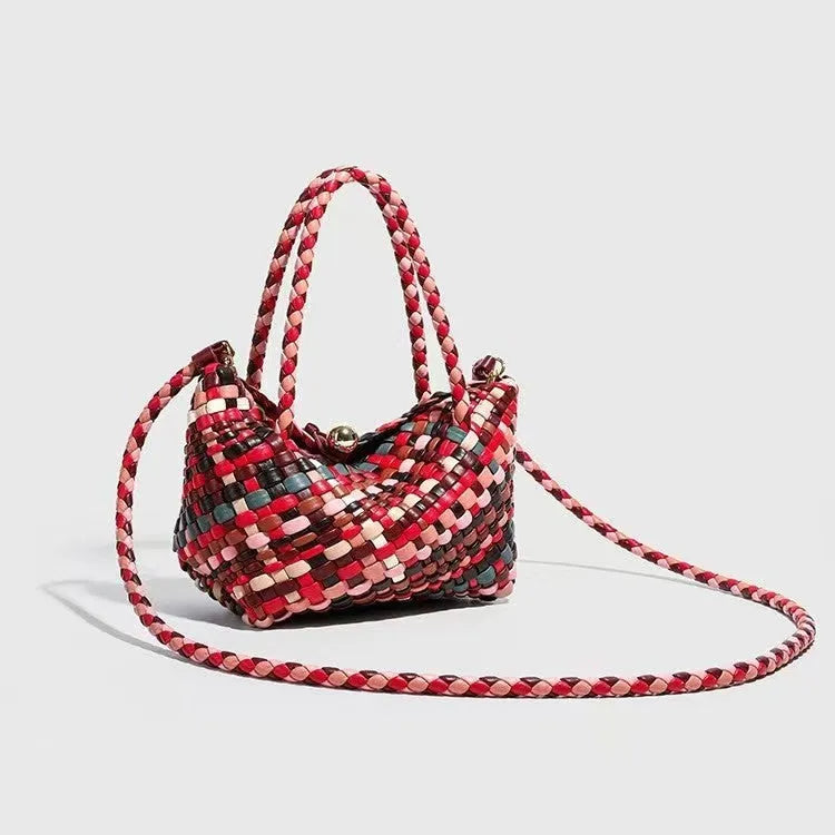 Women's woven PU leather shoulder bag with colour weave pattern, 18cm length