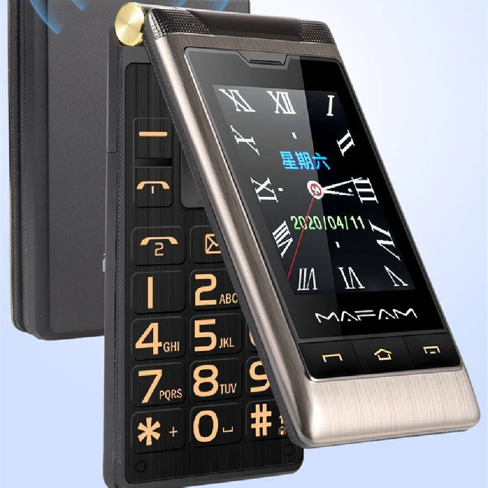 Gold gun colour metal flip cover phone with 2.8-inch internal and 2.4-inch external displays, 5900mAh battery