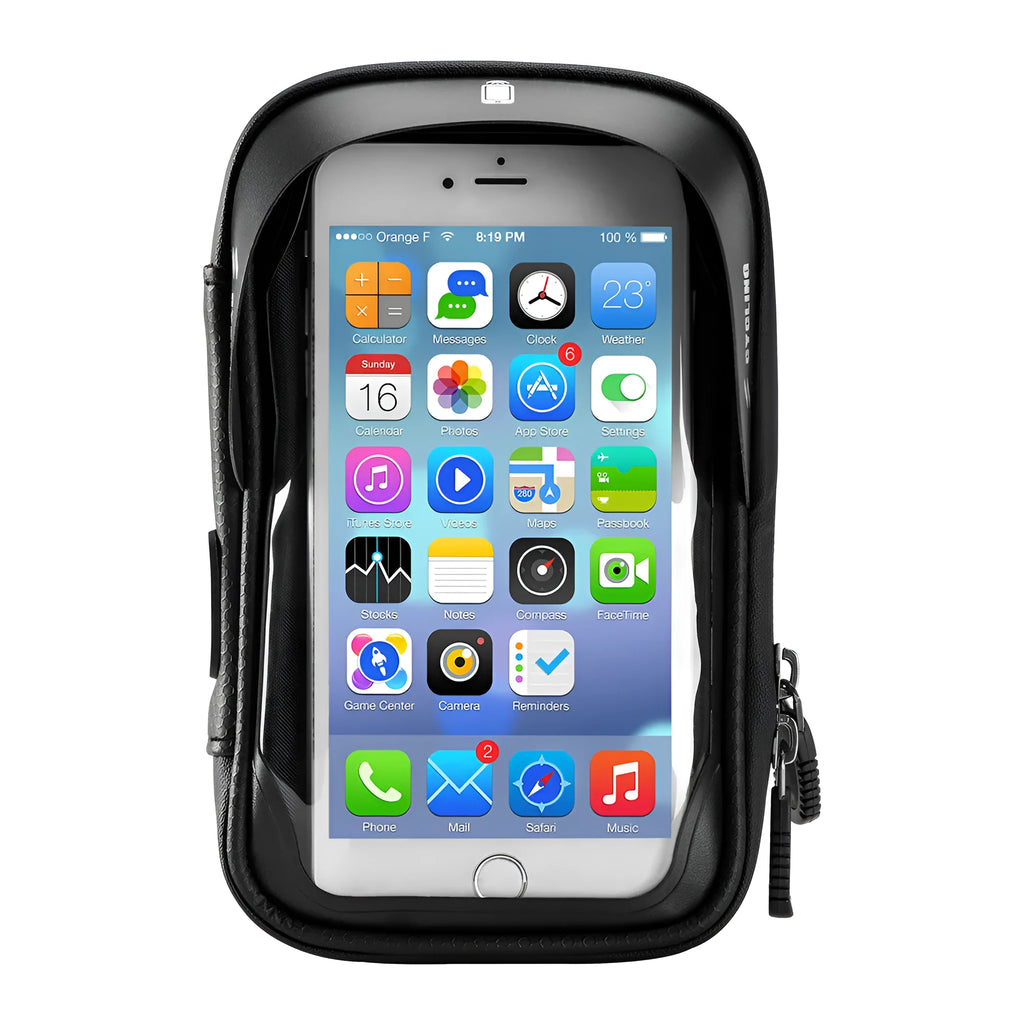Black waterproof bicycle handlebar bag with transparent touch screen and rotating mount for navigation
