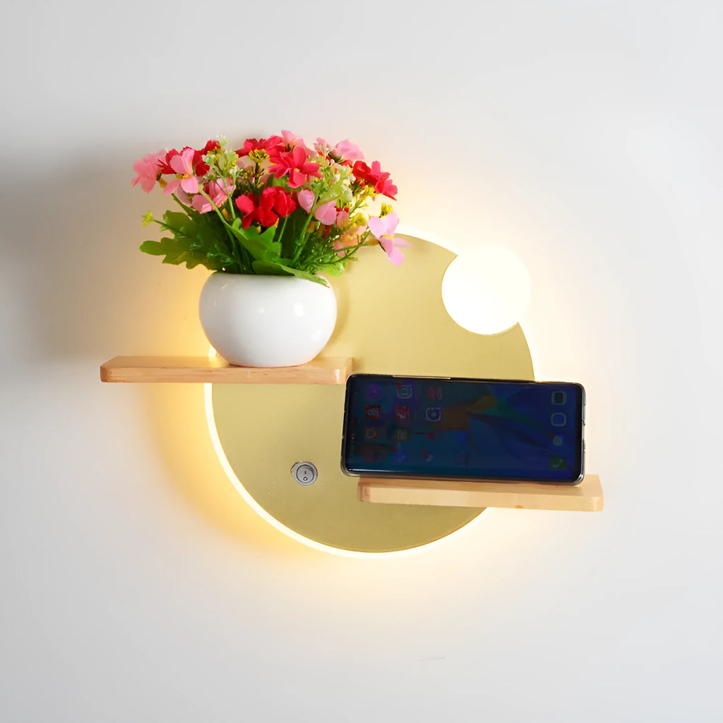 Bedside lamp with phone charging function in round or square design with black, gold or white acrylic shade