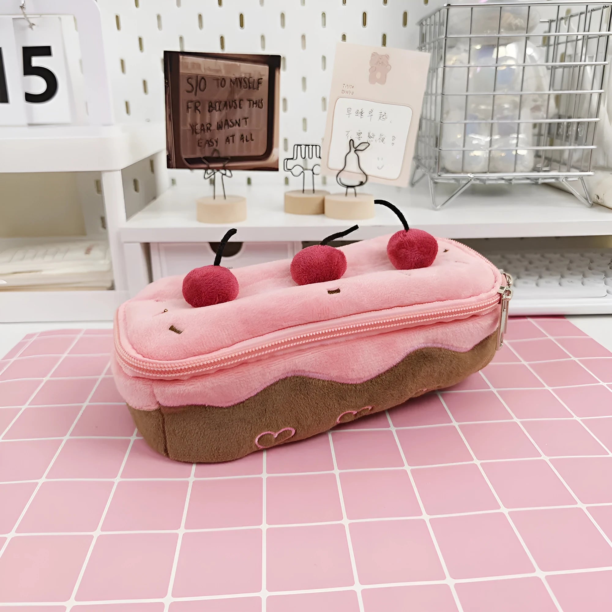 Cherry Cake plush design velvet pencil case in Korean style.