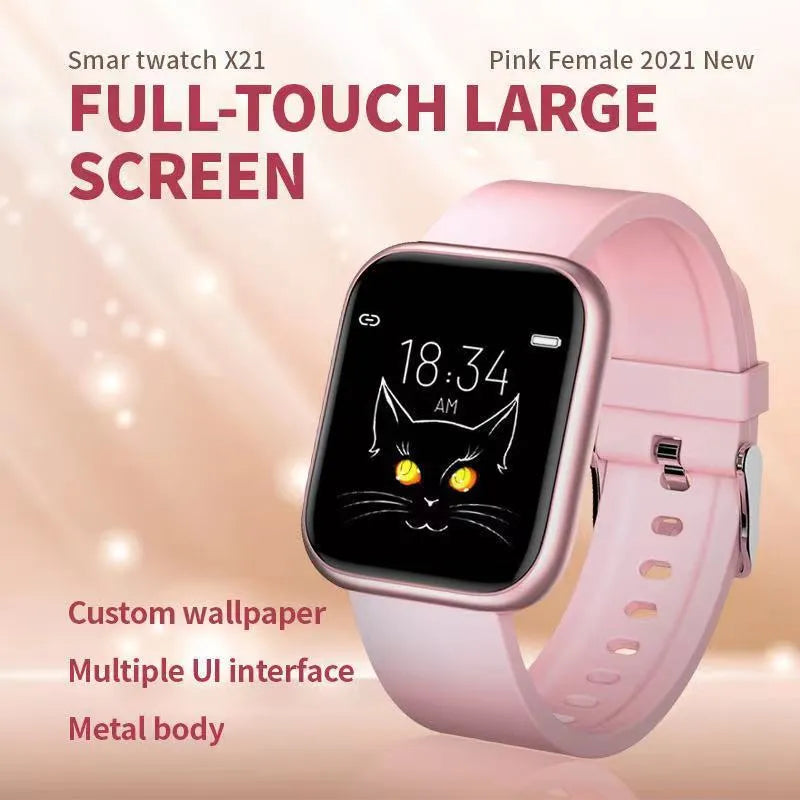 Smart watch with colour touch screen displaying health metrics, shown with a black Huami watchband.