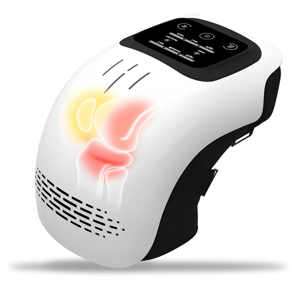 White intelligent electric knee massager with wrap-around design and USB cable