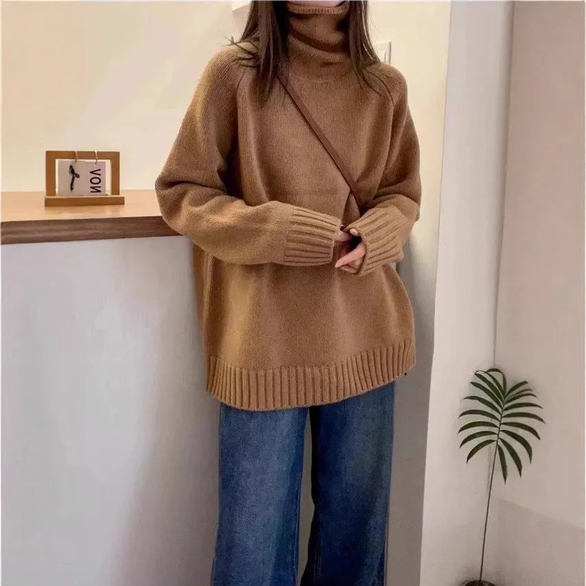 Women's loose turtleneck sweater with thick curling pile collar in red colour