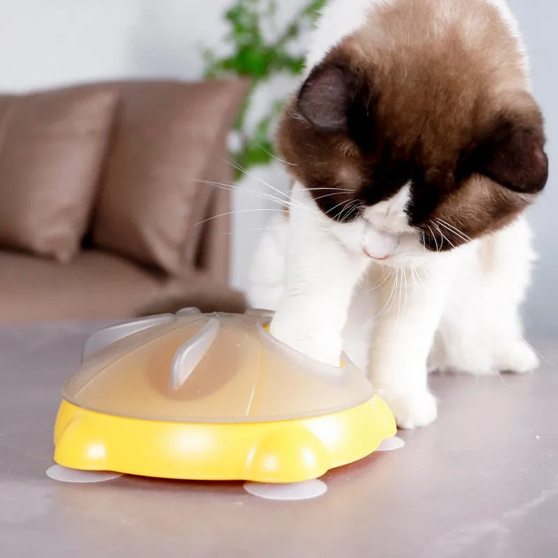 Yellow cat food puzzle toy with five compartments for slow feeding