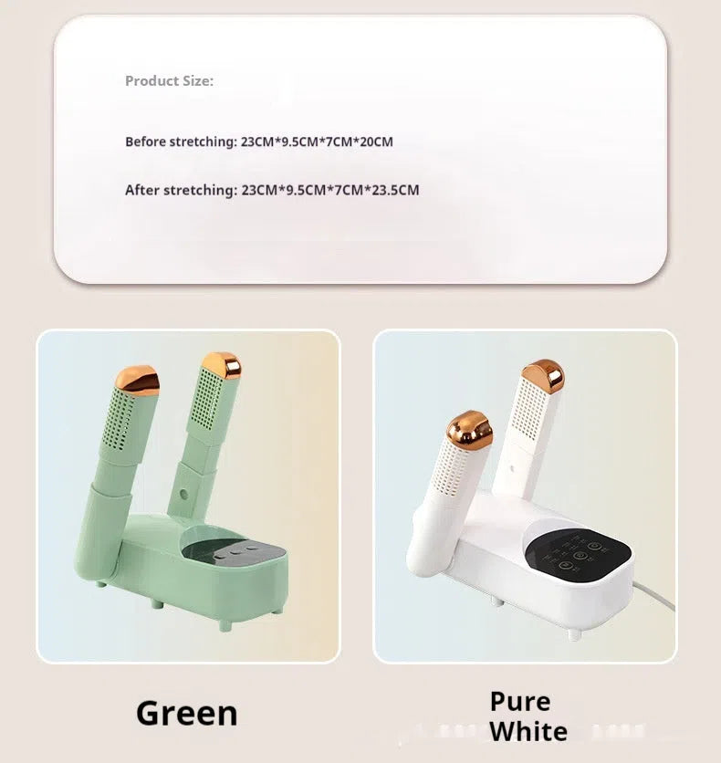 Smart shoe dryer in white and green colours with UV sterilisation feature for drying and deodorising footwear