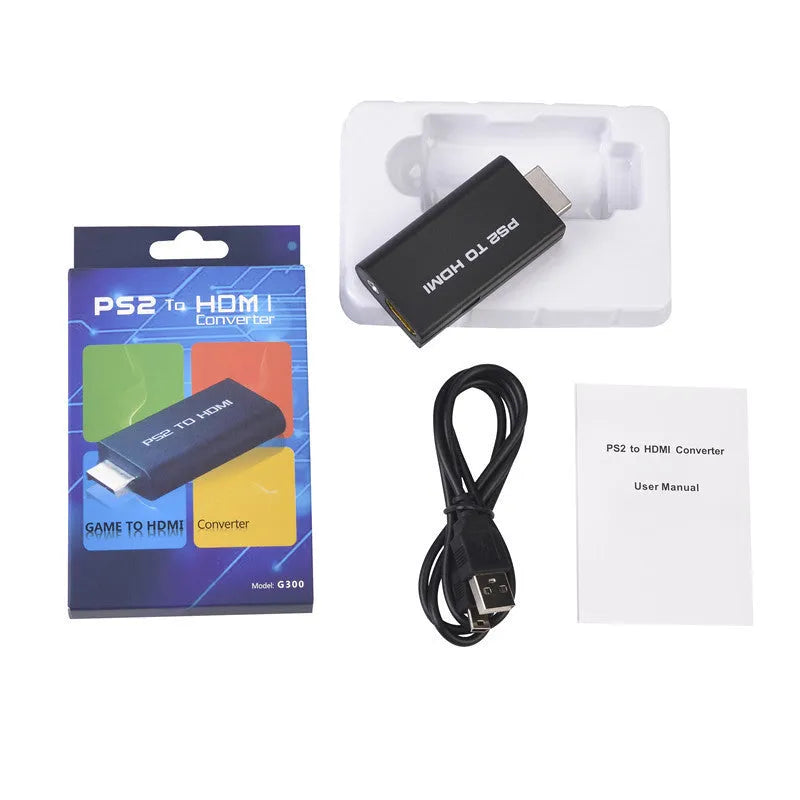 Black PS2 to HDMI audio-video converter with PS/2 interface for PlayStation 2 consoles