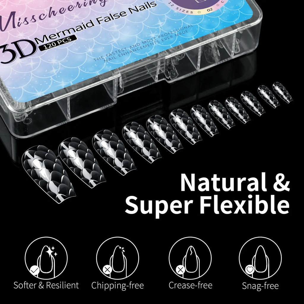 3D scale long shaping nail tips for gel and acrylic nail extensions in multiple colour options