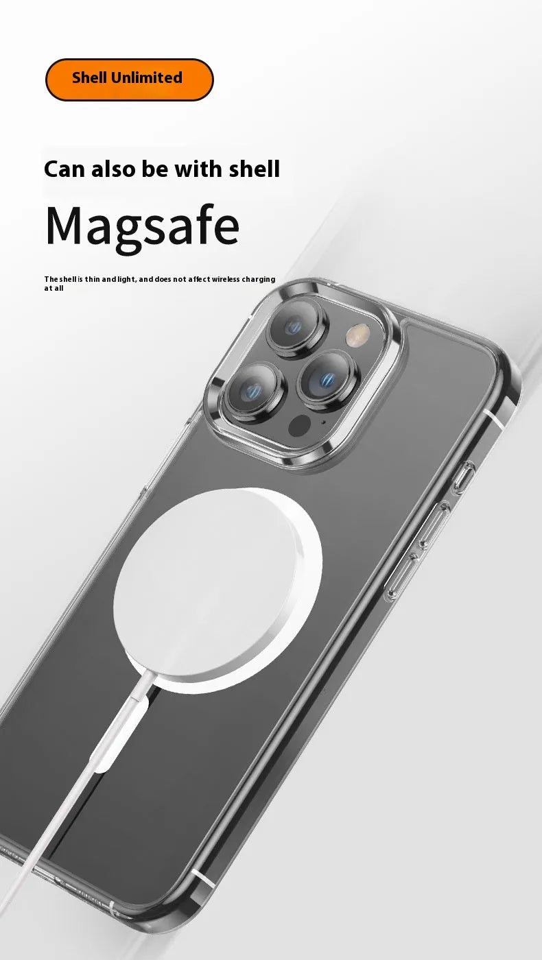 Transparent two-in-one magnetic phone case with shockproof protection for iPhone models, showing back and side view.