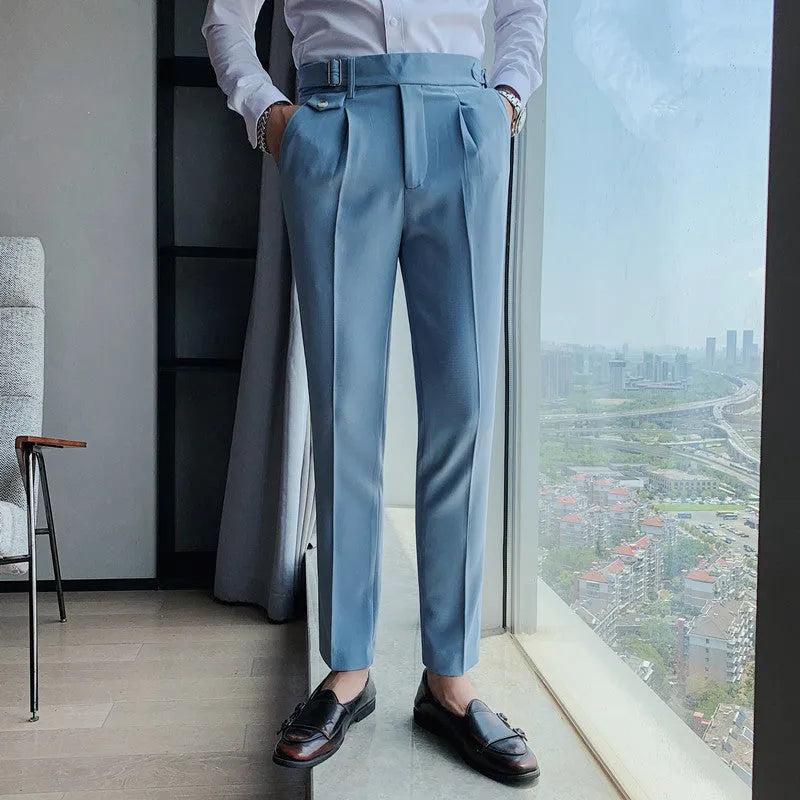 Straight-leg casual polyester trousers on a hanger, shown in a solid colour.