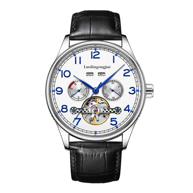 Men's silver and black business mechanical watch with leather strap and sapphire glass.