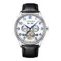 Men's silver and black business mechanical watch with leather strap and sapphire glass.