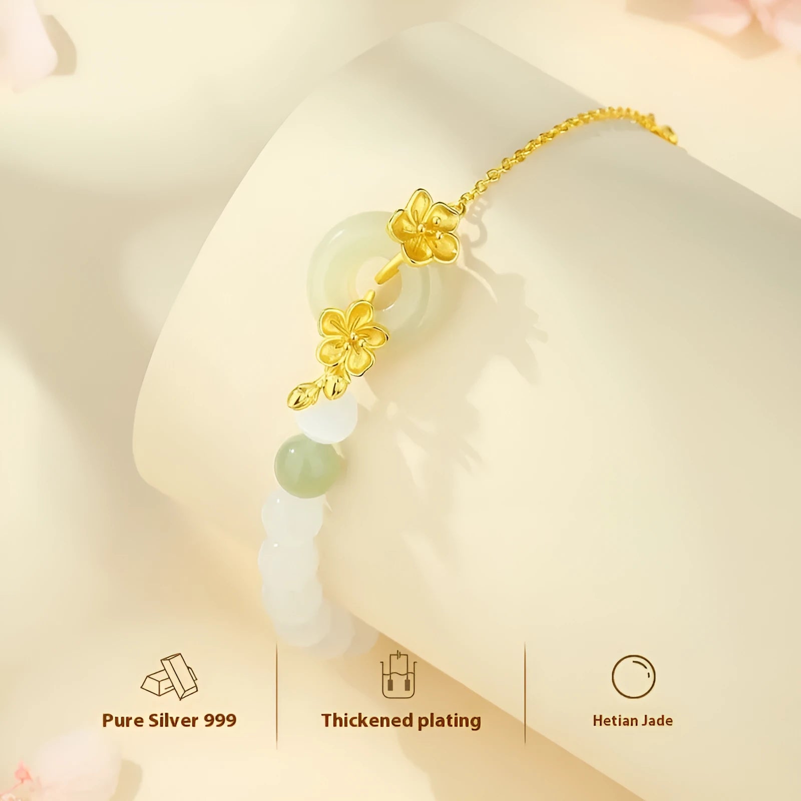 Women's silver bracelet with peach blossom design and safety buckle in New Chinese style jewellery