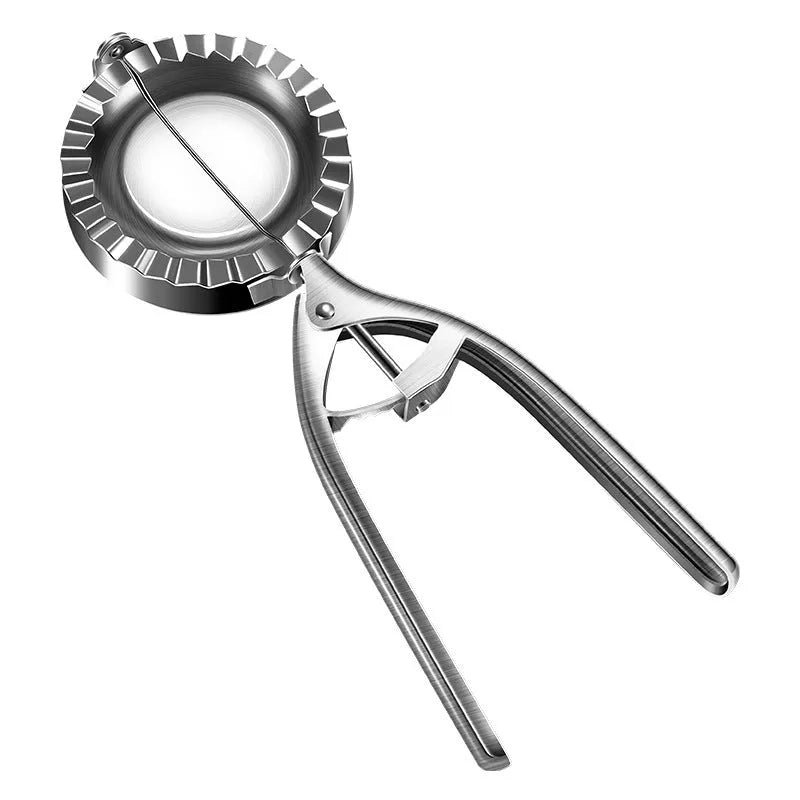 Silver stainless steel kitchen dumpling mould with handle for manual pressing