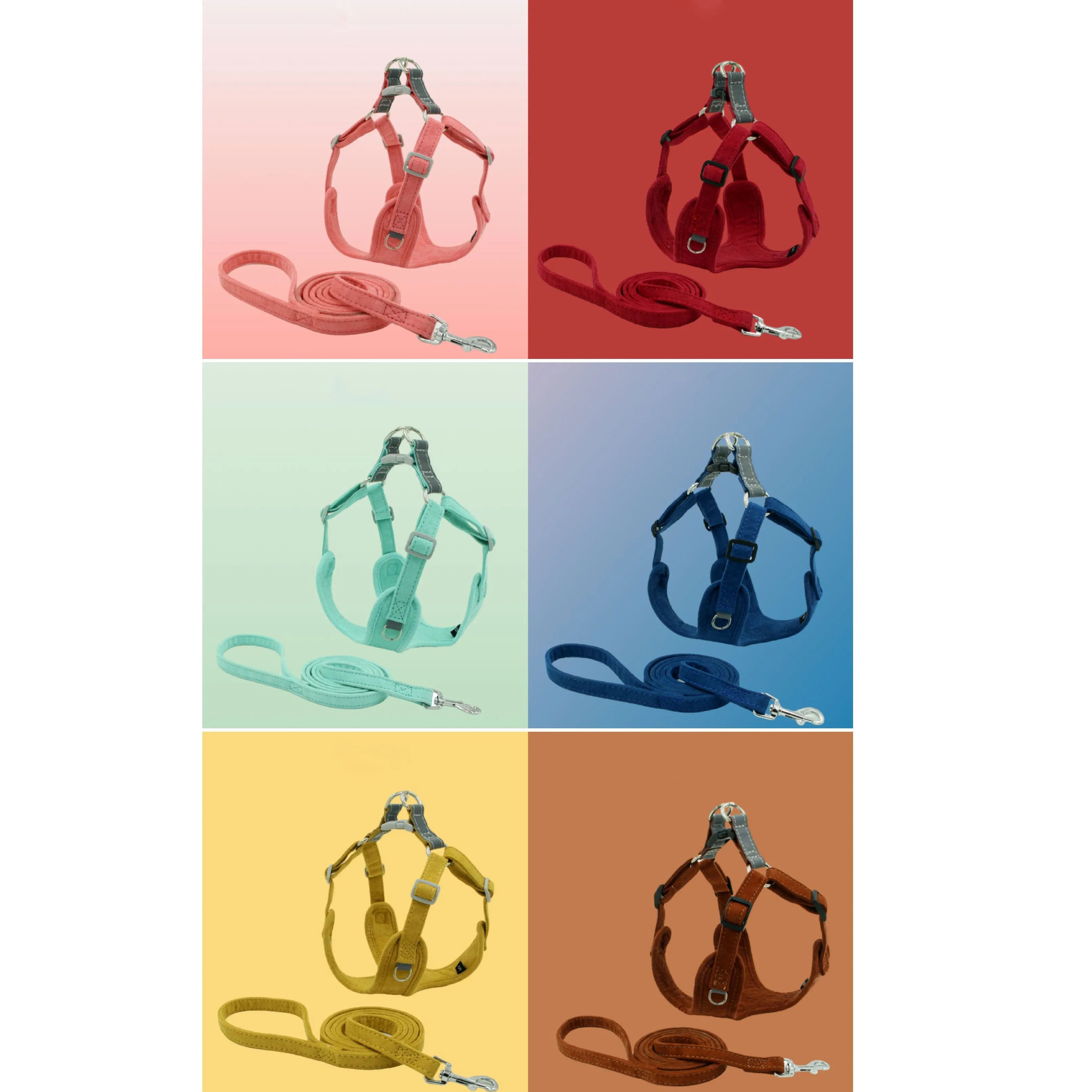 Multiple sizes of suede cloth dog chest harness in red, yellow, green, and blue with matching lead ropes