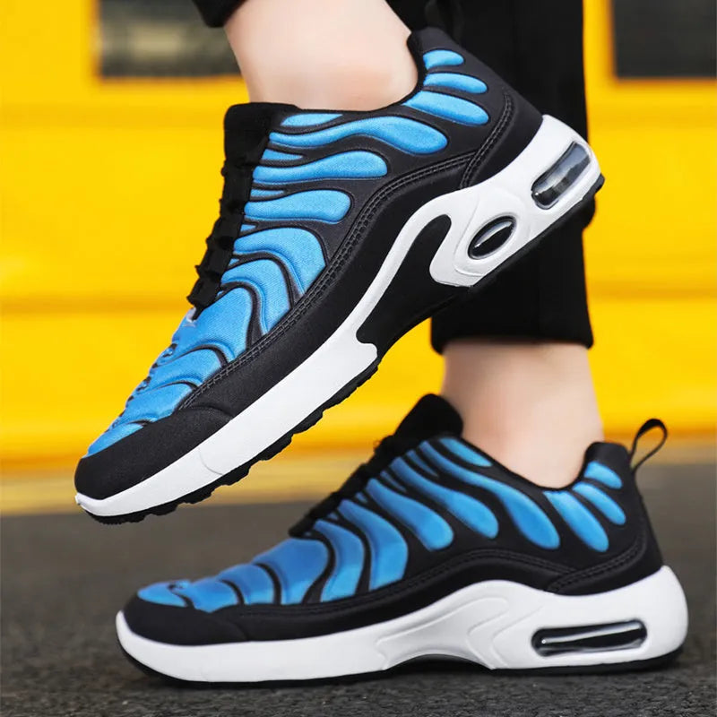 Colour-blocked lace-up sneakers for men with breathable fabric upper, rubber sole, and air cushion support in black and grey