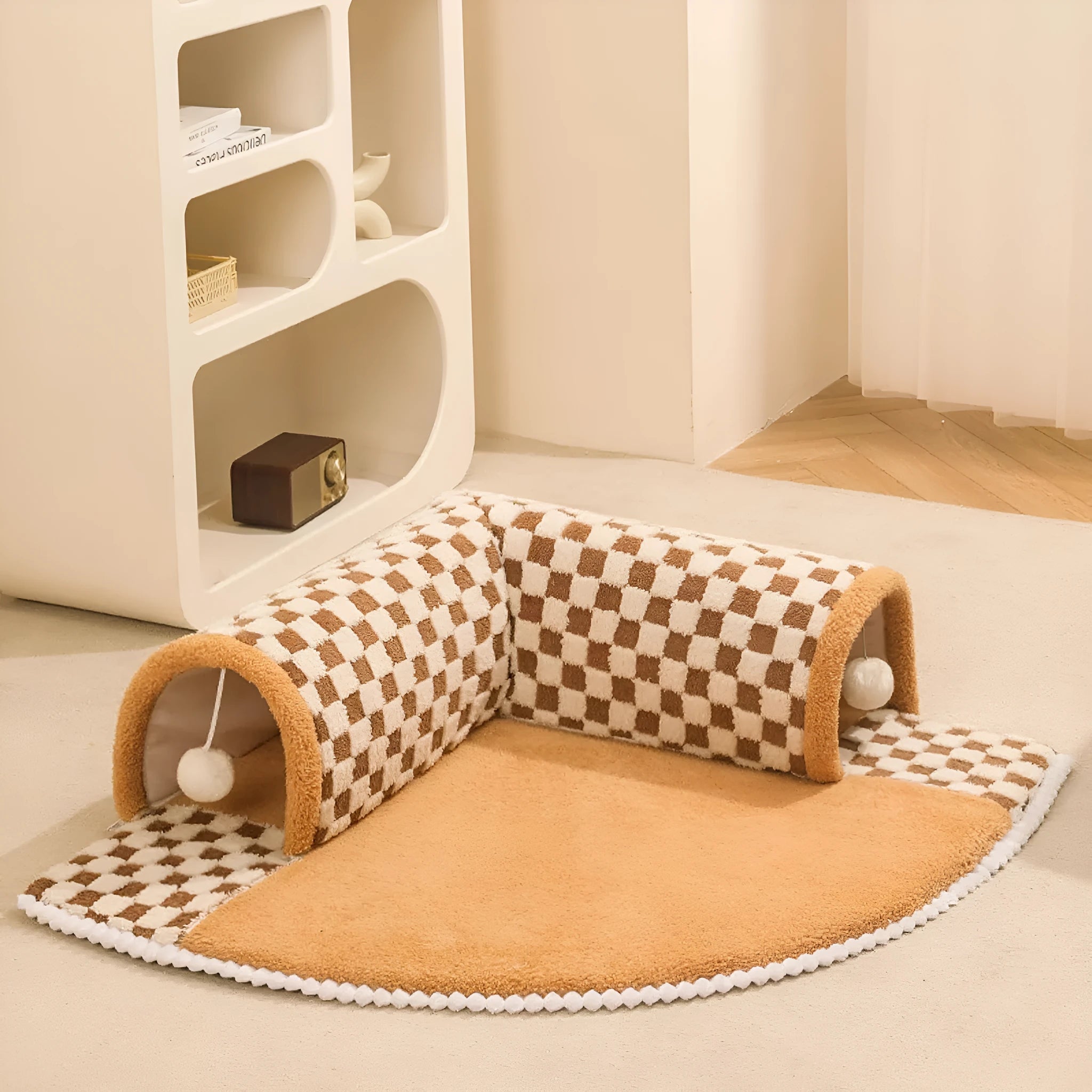 Fan-shaped plush pet bed with tunnel and sleeping mat in plaid, shown in yellow colour.
