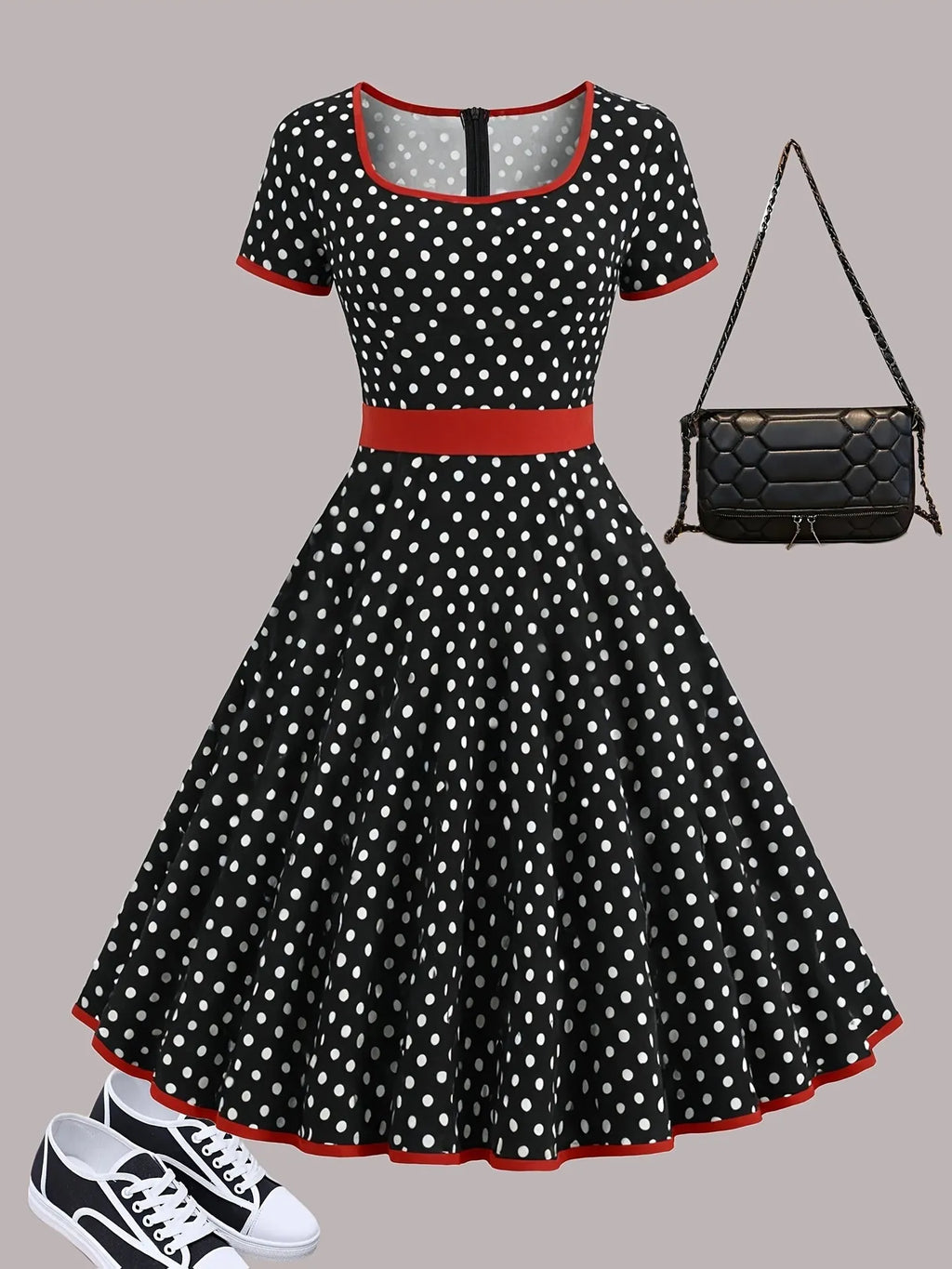 Multicolour polka dot pleated midi dress with a square collar and short sleeves on a hanger.