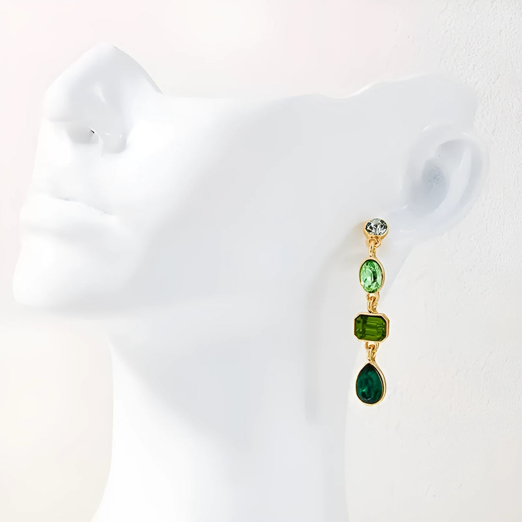 Round stud geometric tassel drop earrings for women, green colour, 8.5 cm length, alloy and imitation pearl beads