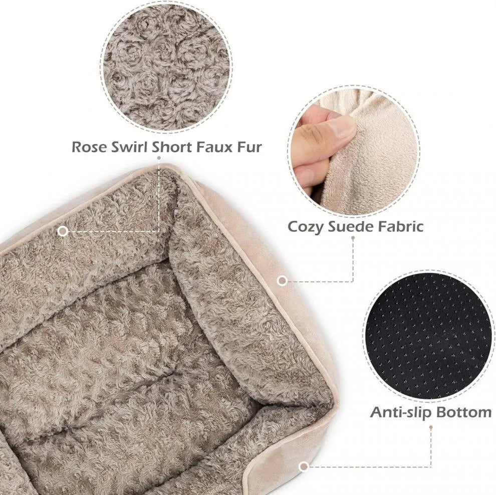Beige faux fur dog bed with raised stuffed sides and a removable cover, shown in a large size.