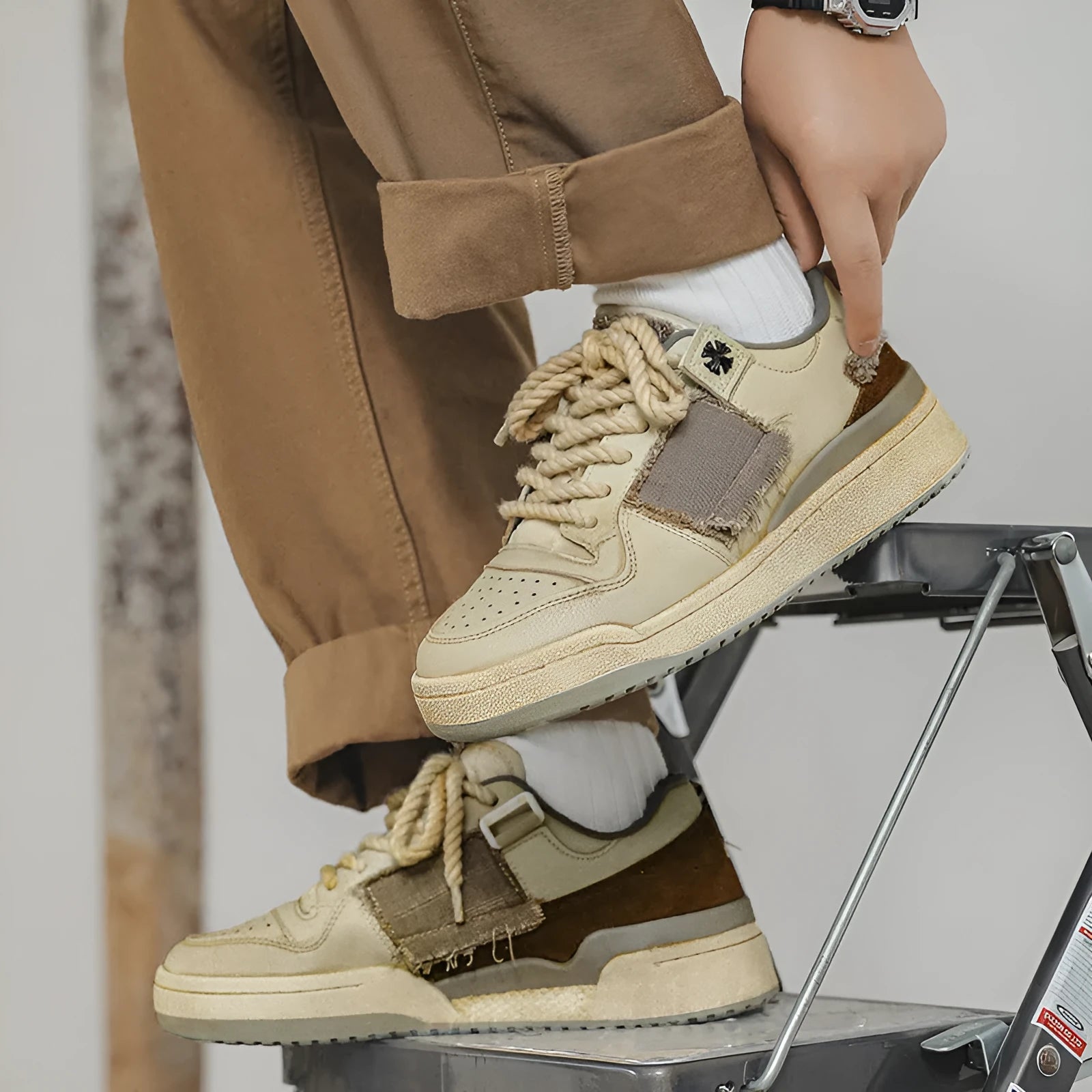 Beige low-top skateboard shoes with lace-up front and rubber soles