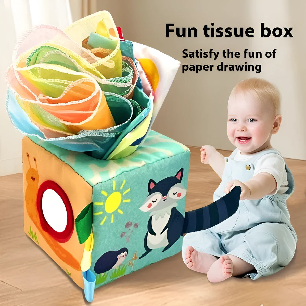 Square fabric tissue box toy with colourful silk scarves for infant pulling play