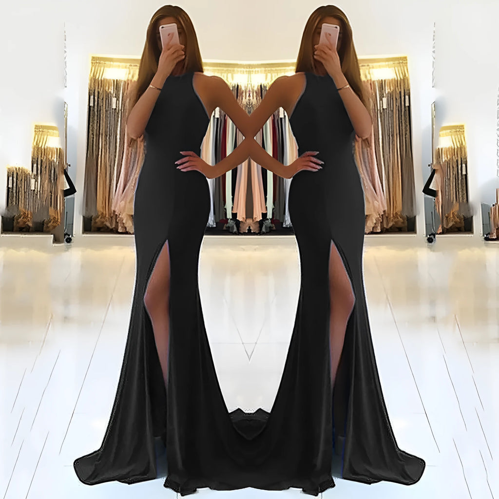 Long red ladies evening dress with large swing skirt, hanging neckline, and hollow detail on a mannequin