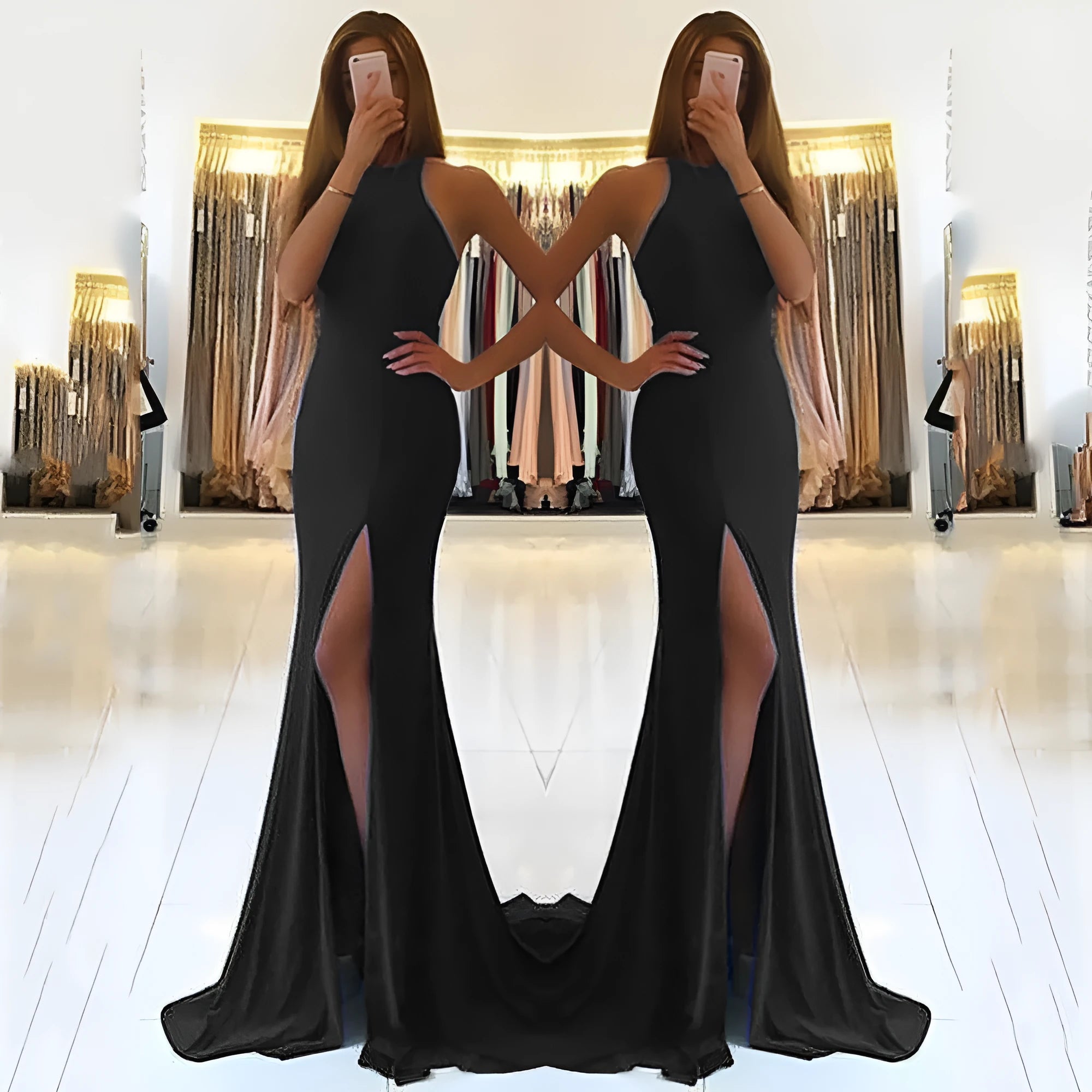 Long red ladies evening dress with large swing skirt, hanging neckline, and hollow detail on a mannequin