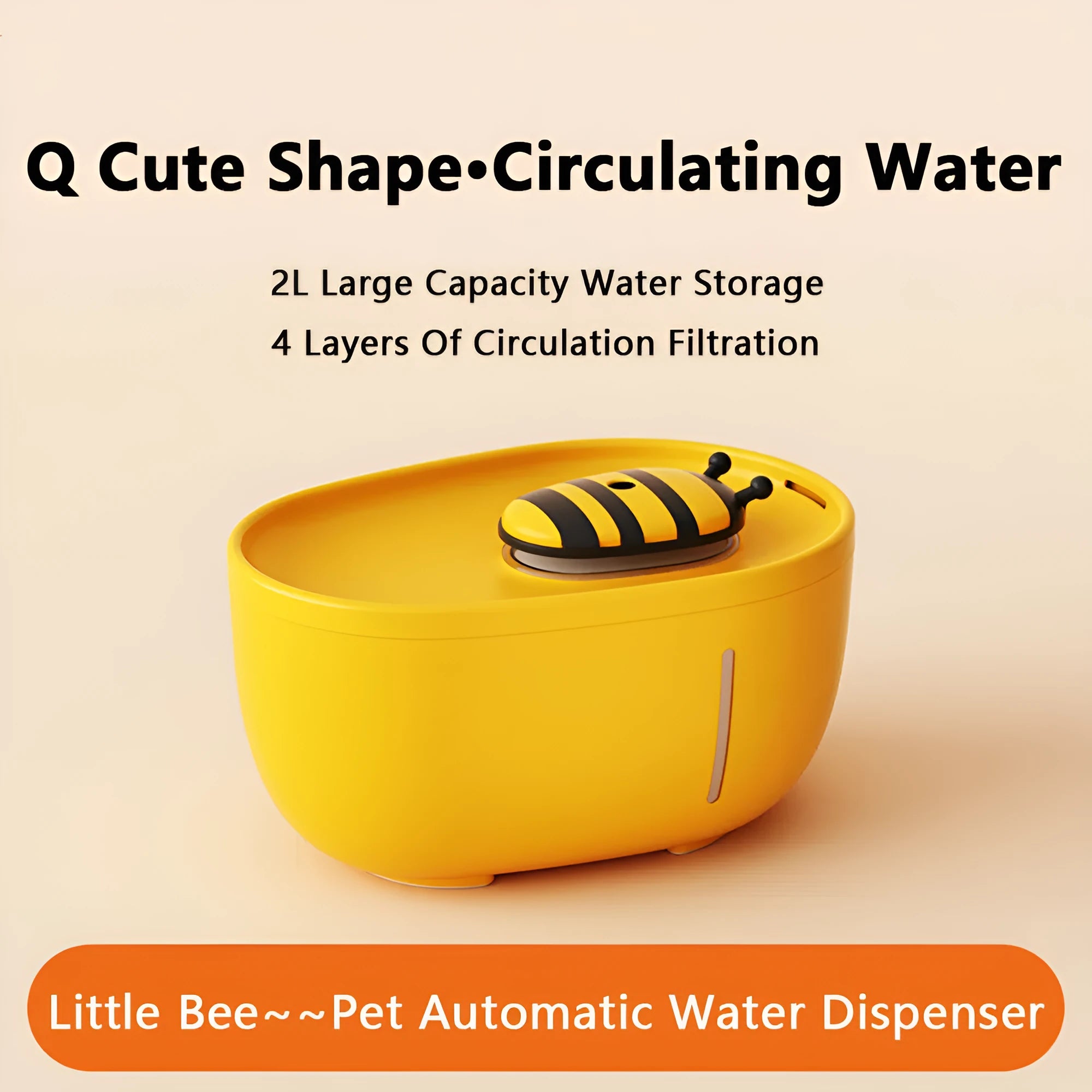 Yellow cat water fountain with filtration system and USB cable for automatic recirculating pet water