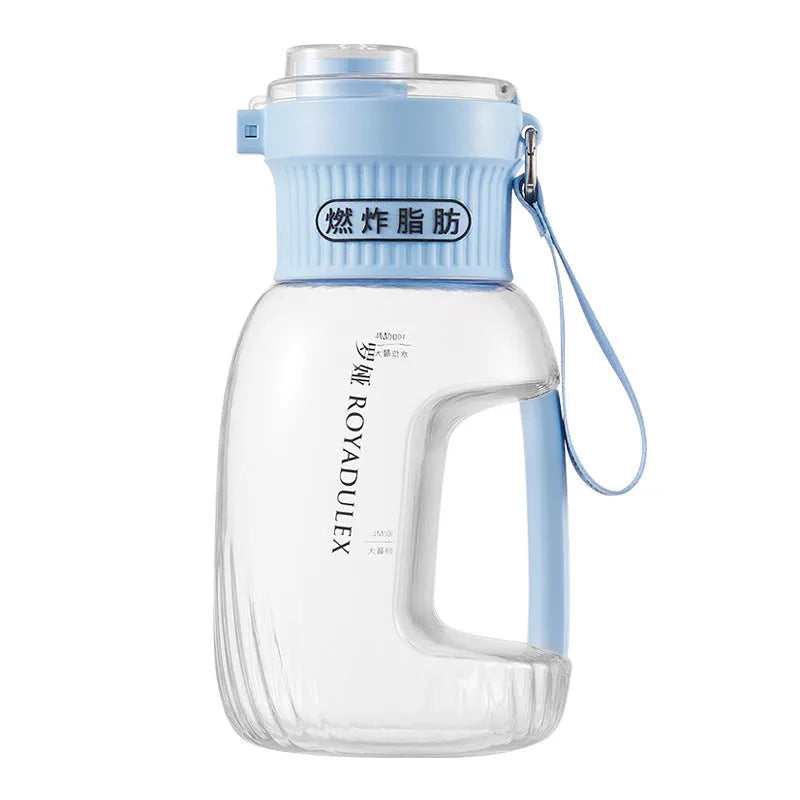 Portable blender juicer in light blue with USB charging cable and water cup, 801-1000mL capacity