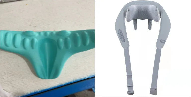 Grey elastic fabric neck massager with USB charging cable and infrared physiotherapy function