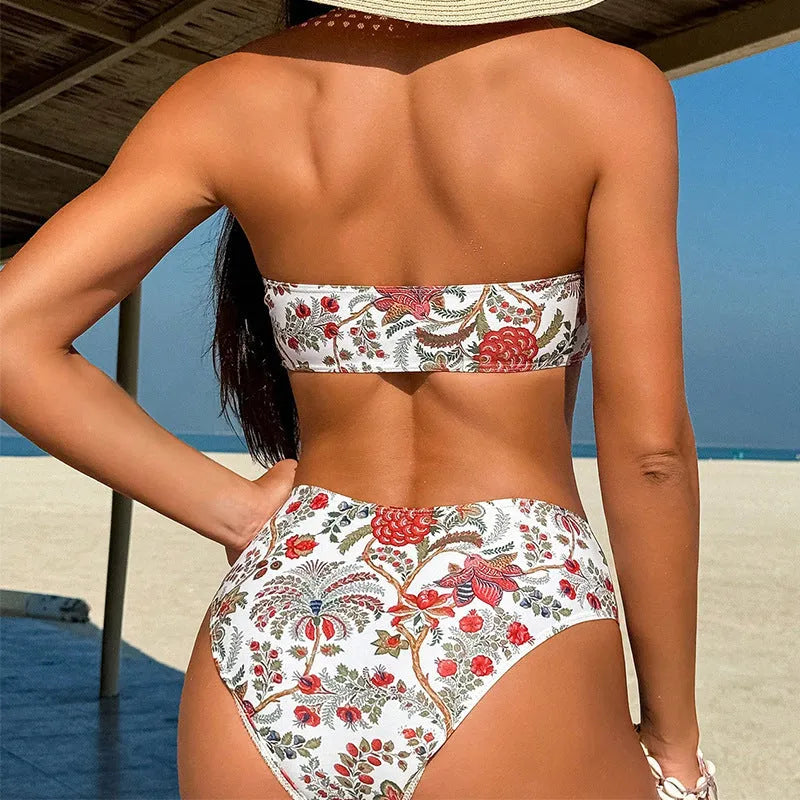 Women's printed bandeau swimsuit with matching triangle shorts set for beach and pool use