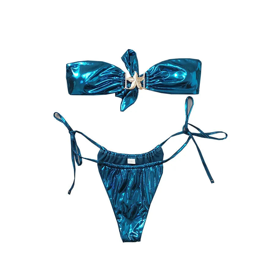 Glossy starfish pattern tube top bikini in blue or pink with quick-drying polyester fabric