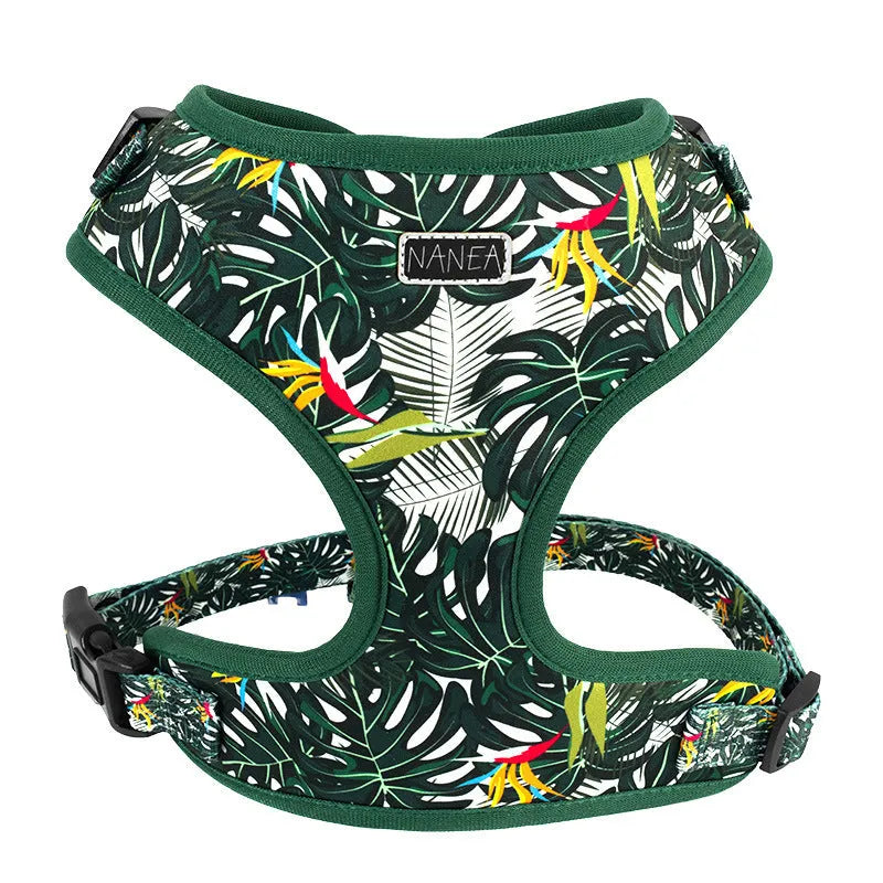 Adjustable cloth pet harness set with six accessories including chest harness, leash, collar, waste bag, bow tie, and triangular scarf