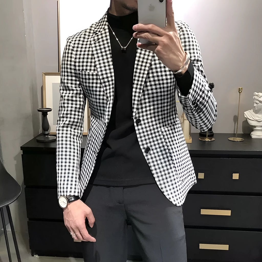 Black and white plaid loose fit casual jacket for youth work wear cotton blend