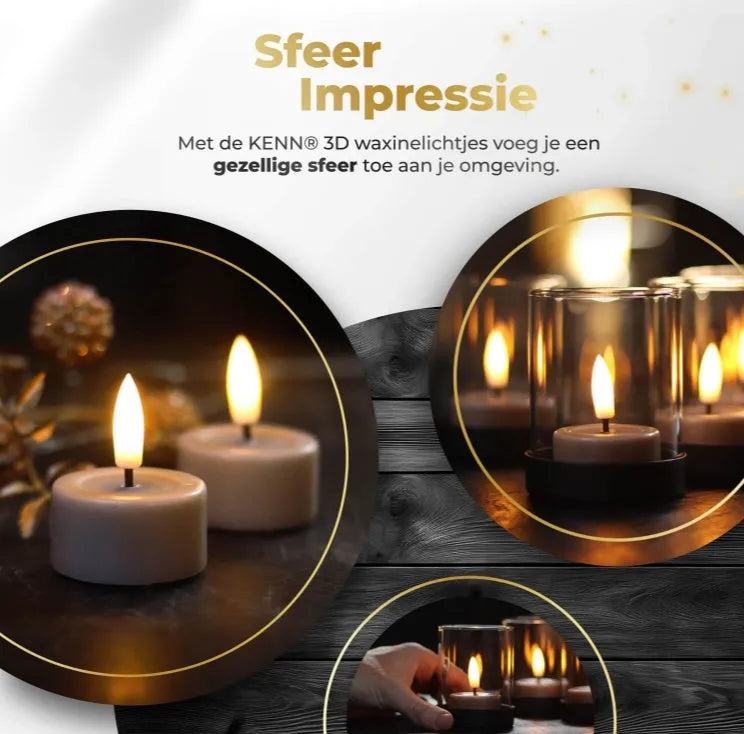 Four taupe-coloured S10 3D Flame LED tealight candles with flickering orange light.