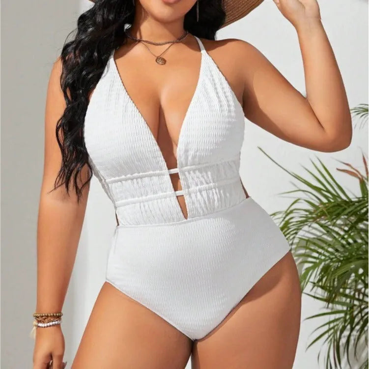 Women's solid colour one-piece swimsuit with belly-covering front, sleeveless, polyester fabric, available in multiple colours and sizes 0XL to 4XL