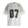Men's short-sleeved printed cotton T-shirt on a hanger, shown in white and black colour options.