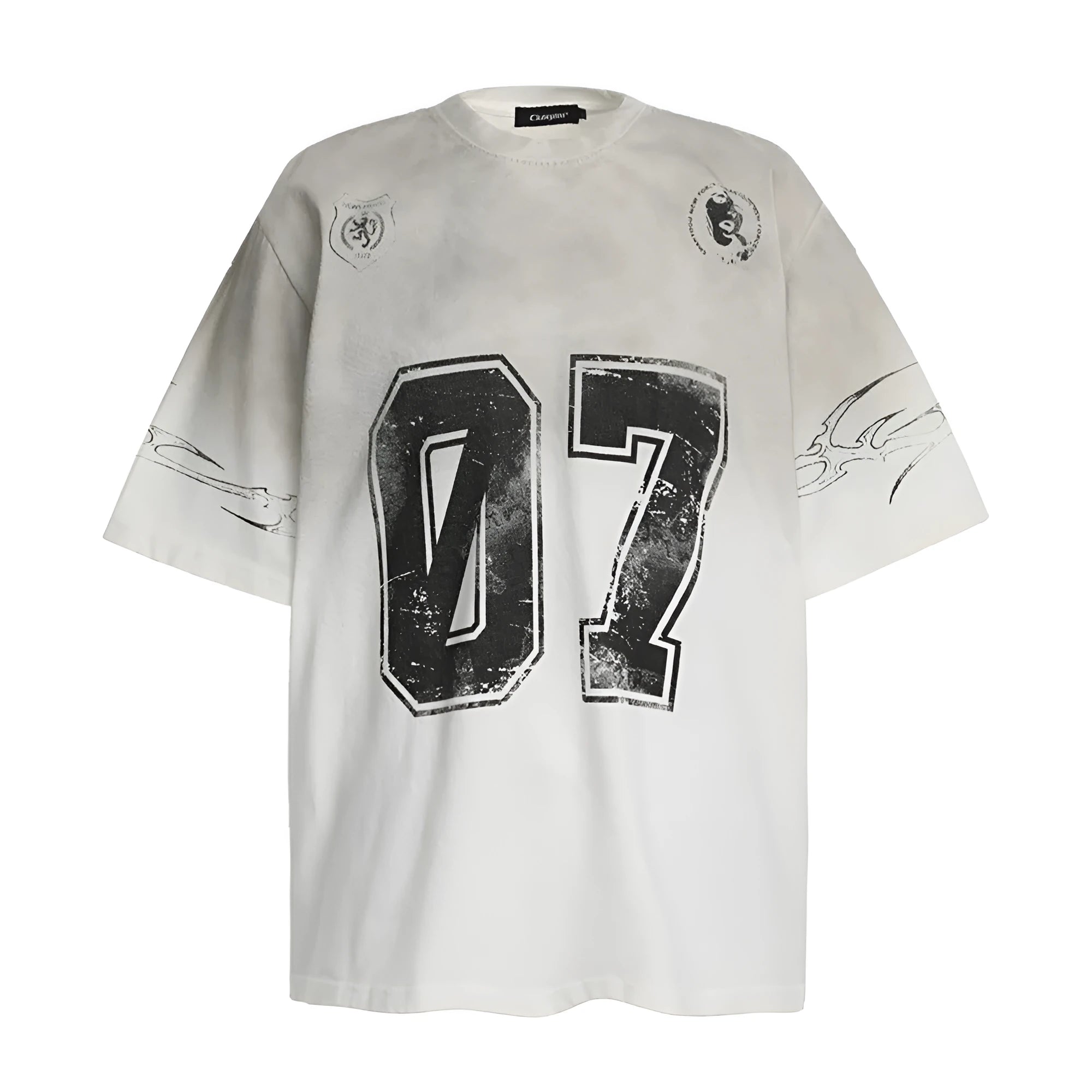 Men's short-sleeved printed cotton T-shirt on a hanger, shown in white and black colour options.