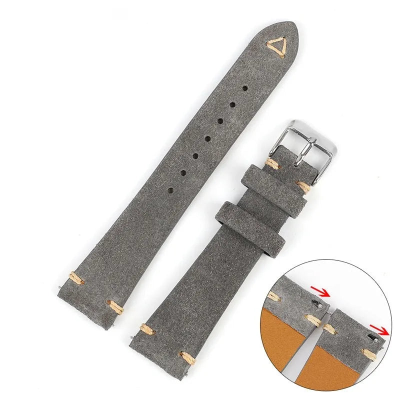 Suede genuine leather watch strap in brown, blue, grey and Army Green colours showing ethnic style detail.