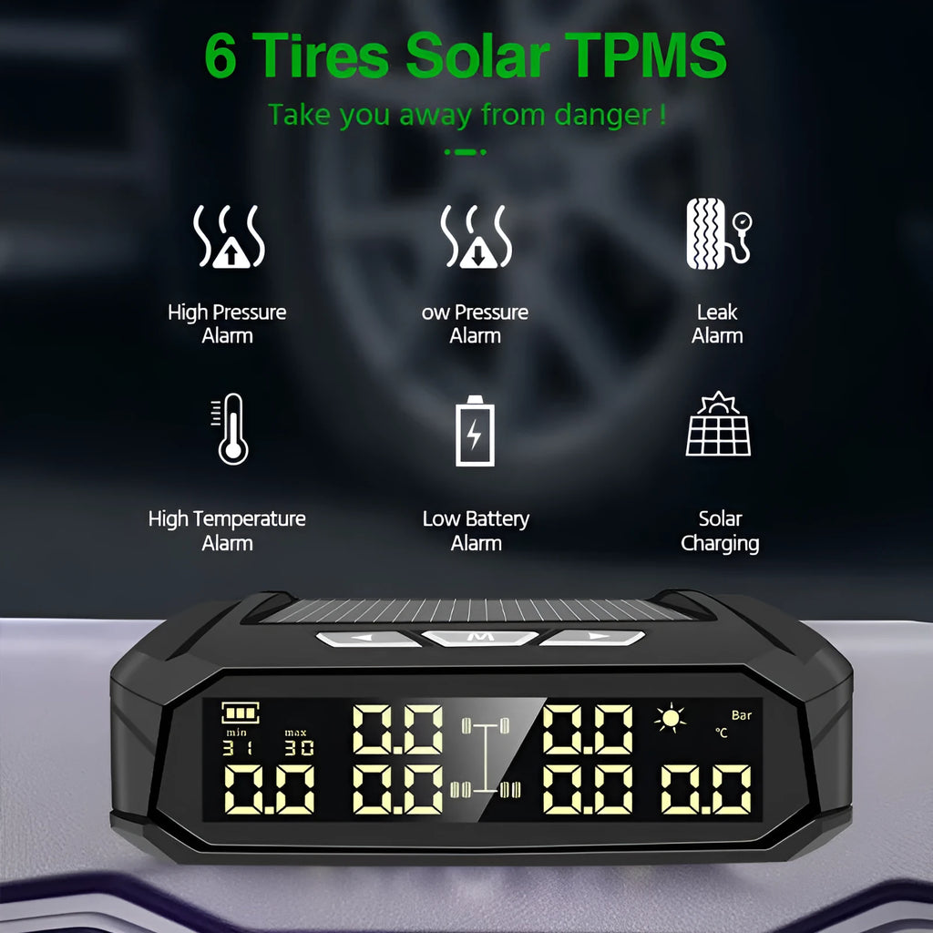 Solar-powered external tyre pressure monitor system for six tyres, showing colour digital display and sensors.