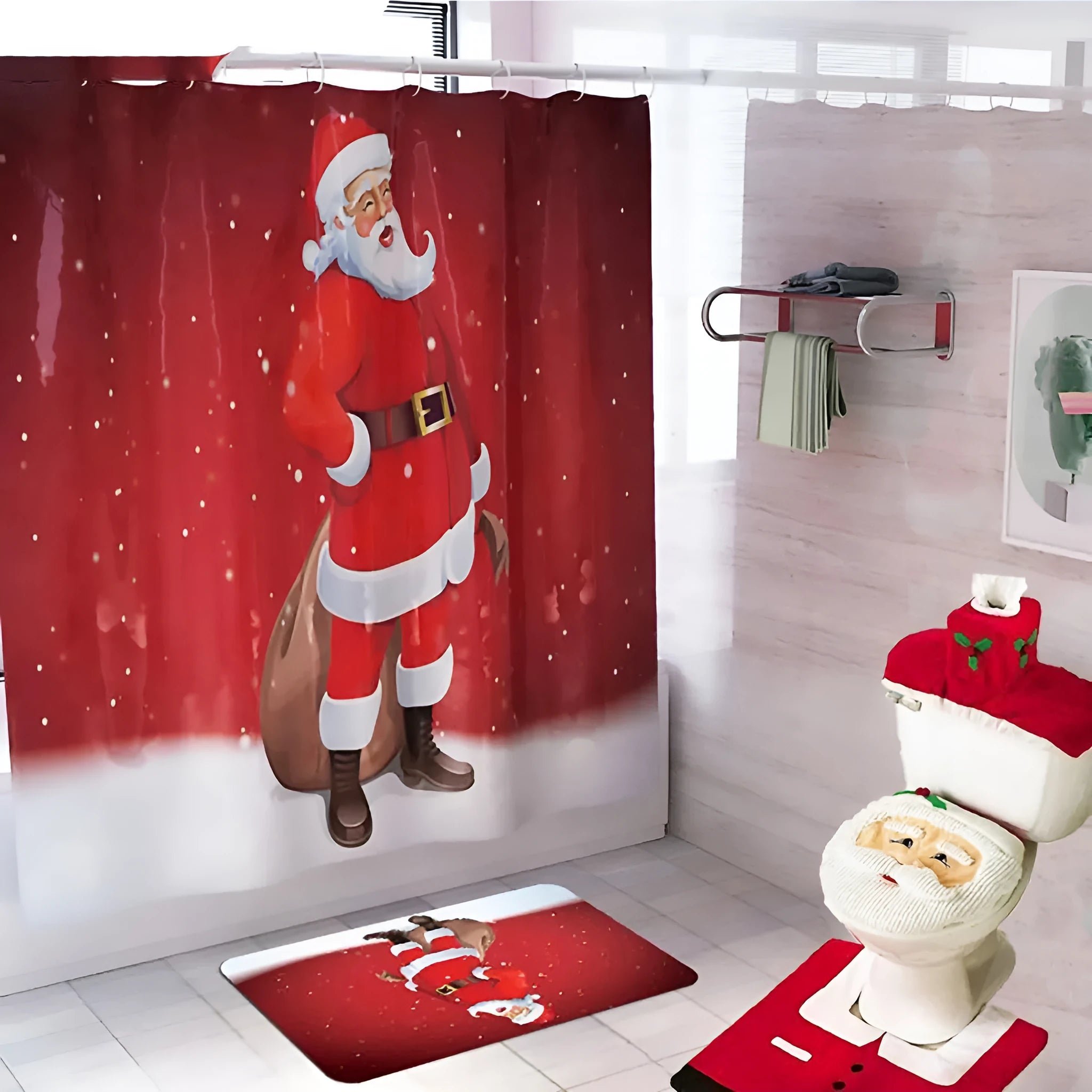 Flannel Christmas bathroom set with Santa toilet cover, shower curtain, footpad, and tank cover