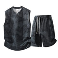 A plus-size casual sleeveless vest and shorts suit set in quick-dry fabric on a hanger.