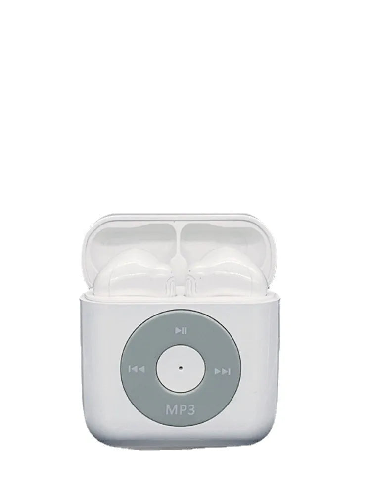 White wireless Bluetooth earphones with a semi-in-ear design and a matching charging case.