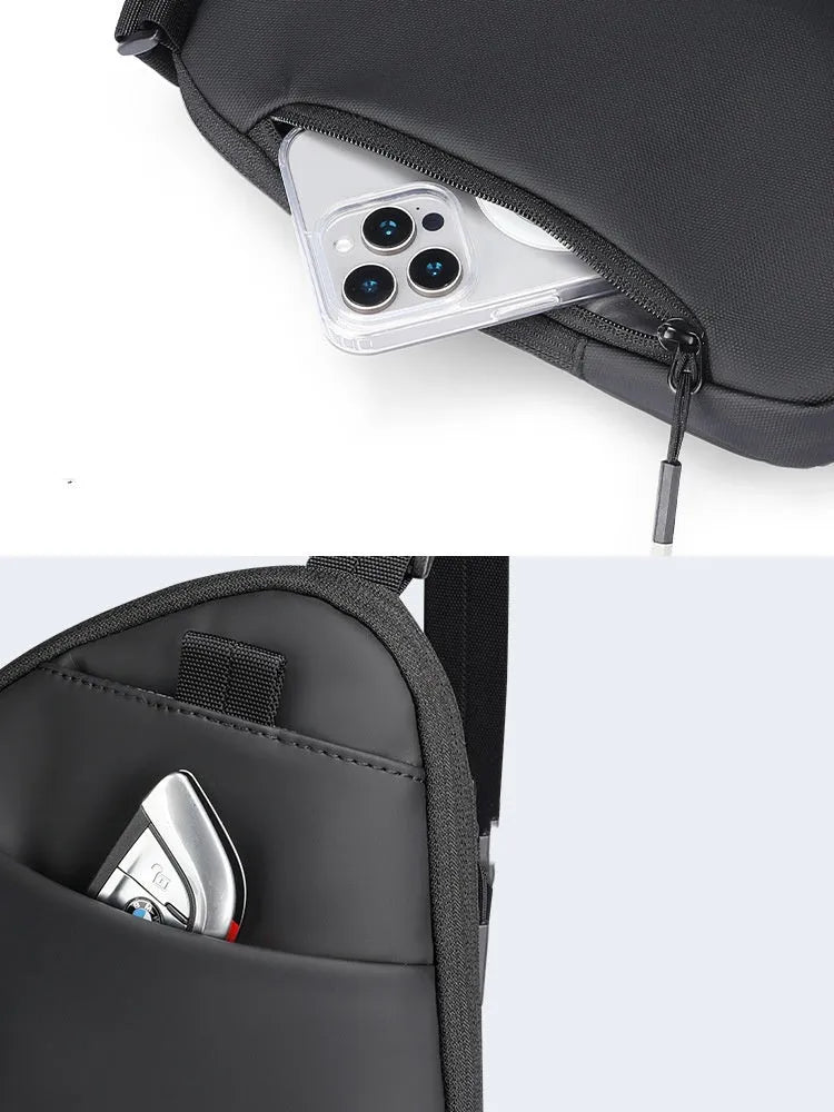 Men's black Oxford cloth crossbody bag showing sewing thread details and simple design