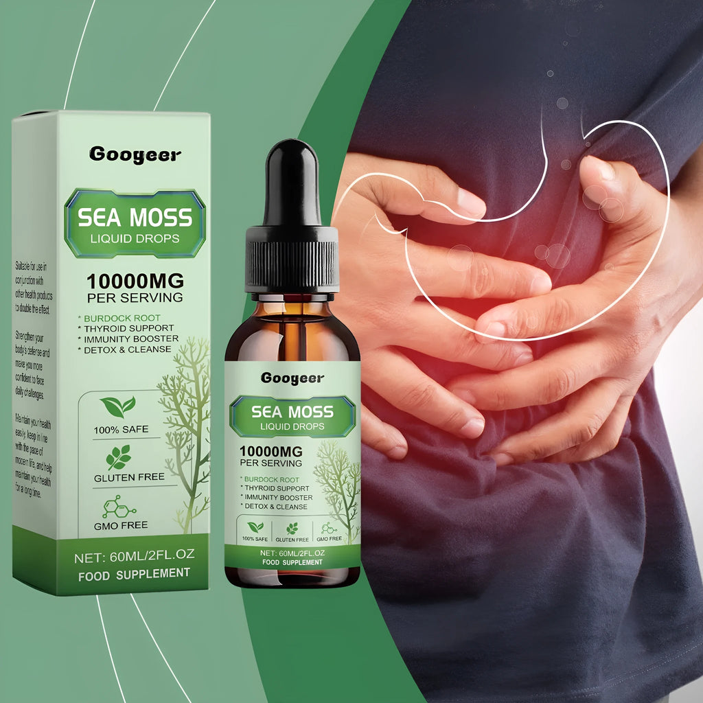 Googeer Sea Moss Liquid Drops 60ml bottle, a body treatment serum with traditional Chinese medicine extract.