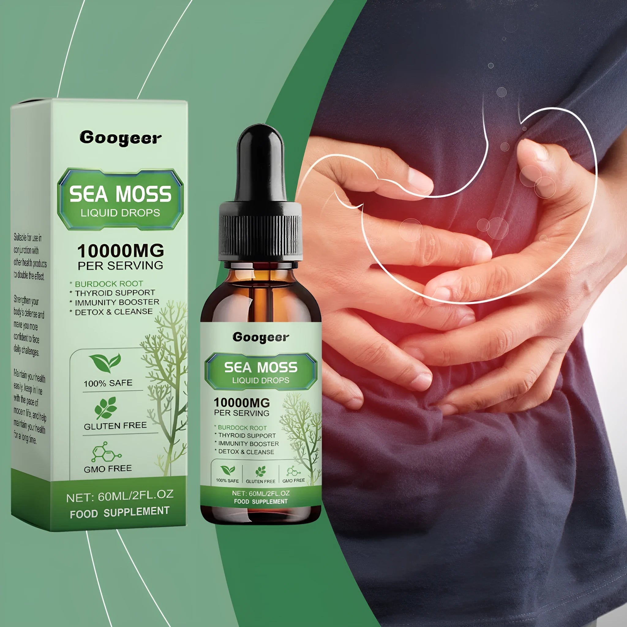 Googeer Sea Moss Liquid Drops 60ml bottle, a body treatment serum with traditional Chinese medicine extract.