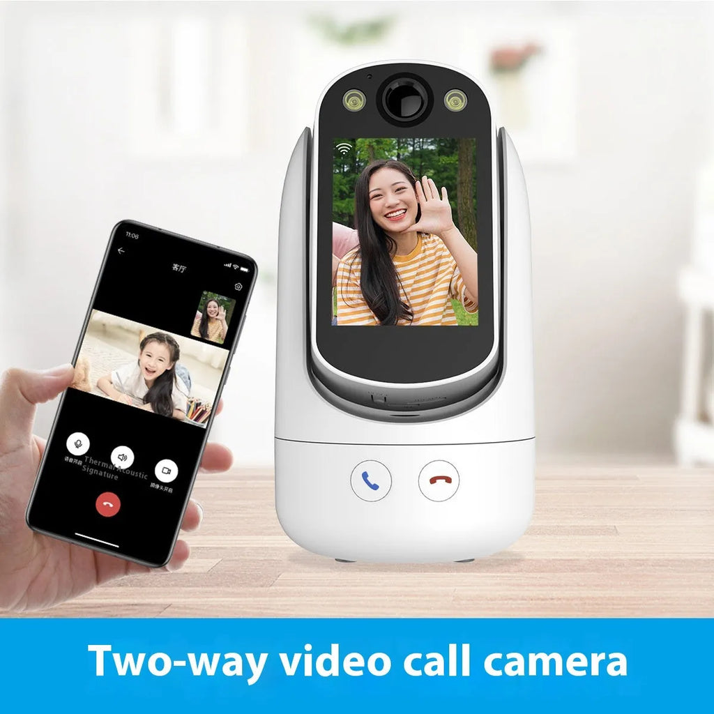 C20 two-way video call surveillance camera with 2.8-inch IPS screen, 1080P HD, white colour, front and side view