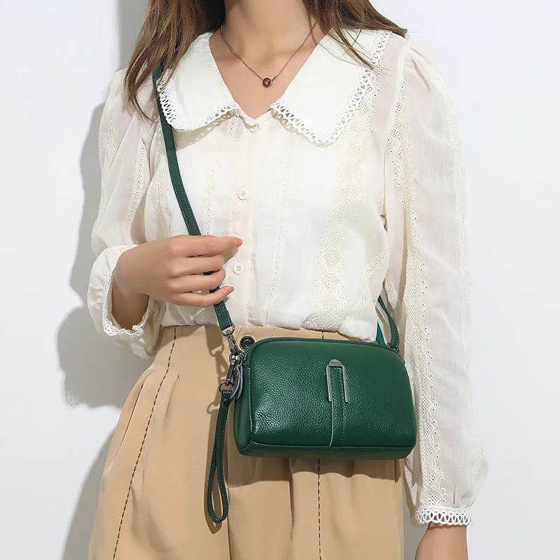 Genuine first layer cowhide women shoulder bag in horizontal square shape, 19cm length, available in black navy green brown and khaki